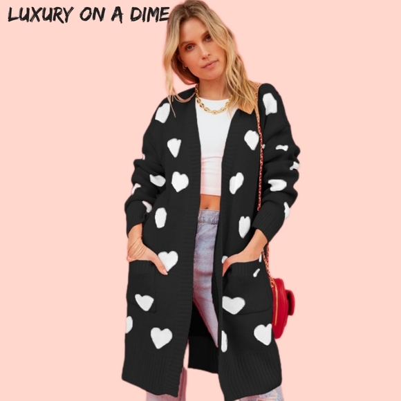 Contrasting Heart Knit Open Front Longline Pocket Sweater Cardigan Valentine - Picture 1 of 9